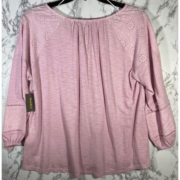Style & Co Womens Pink Eyelet Embroidered Peasant Blouse 3/4 Sleeve Size 1X - Picture 2 of 7